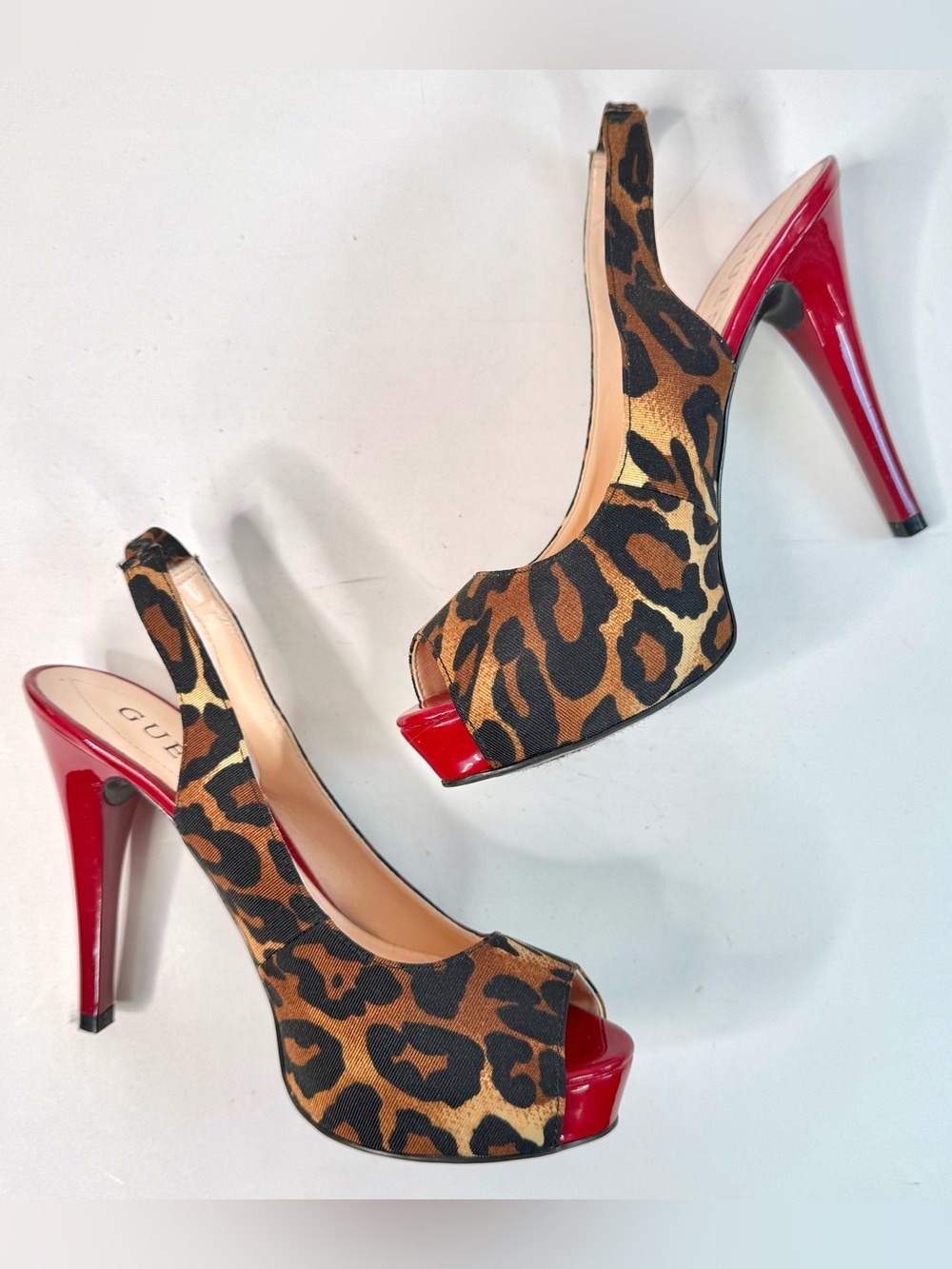 GUESS 6 Leopard Print Mob Wife Peep-Toe Platform Slingback 4.5” Red Stilettos